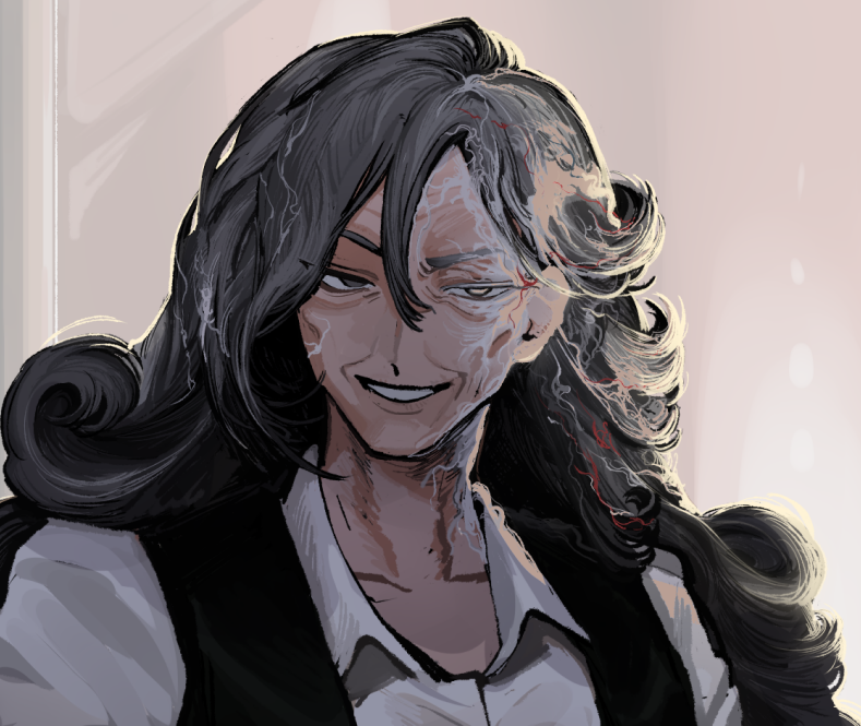 1girl, ahab_(project_moon), black_vest, collared_shirt, grey_eyes, grey_hair, limbus_company, long_hair