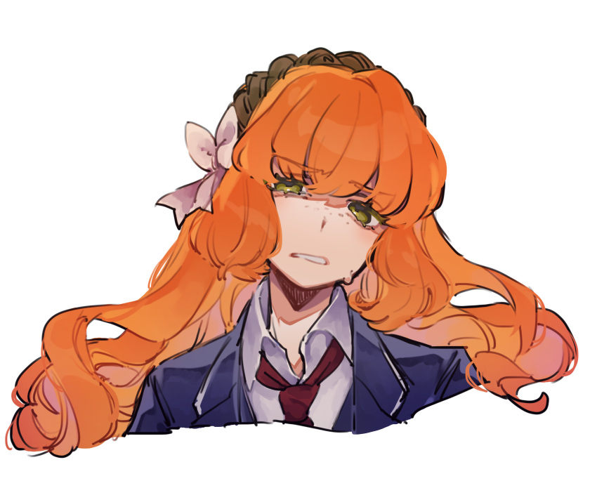 1girl, absurdres, akubimtcat, black_coat, bow, brown_hairband, clenched_teeth, coat