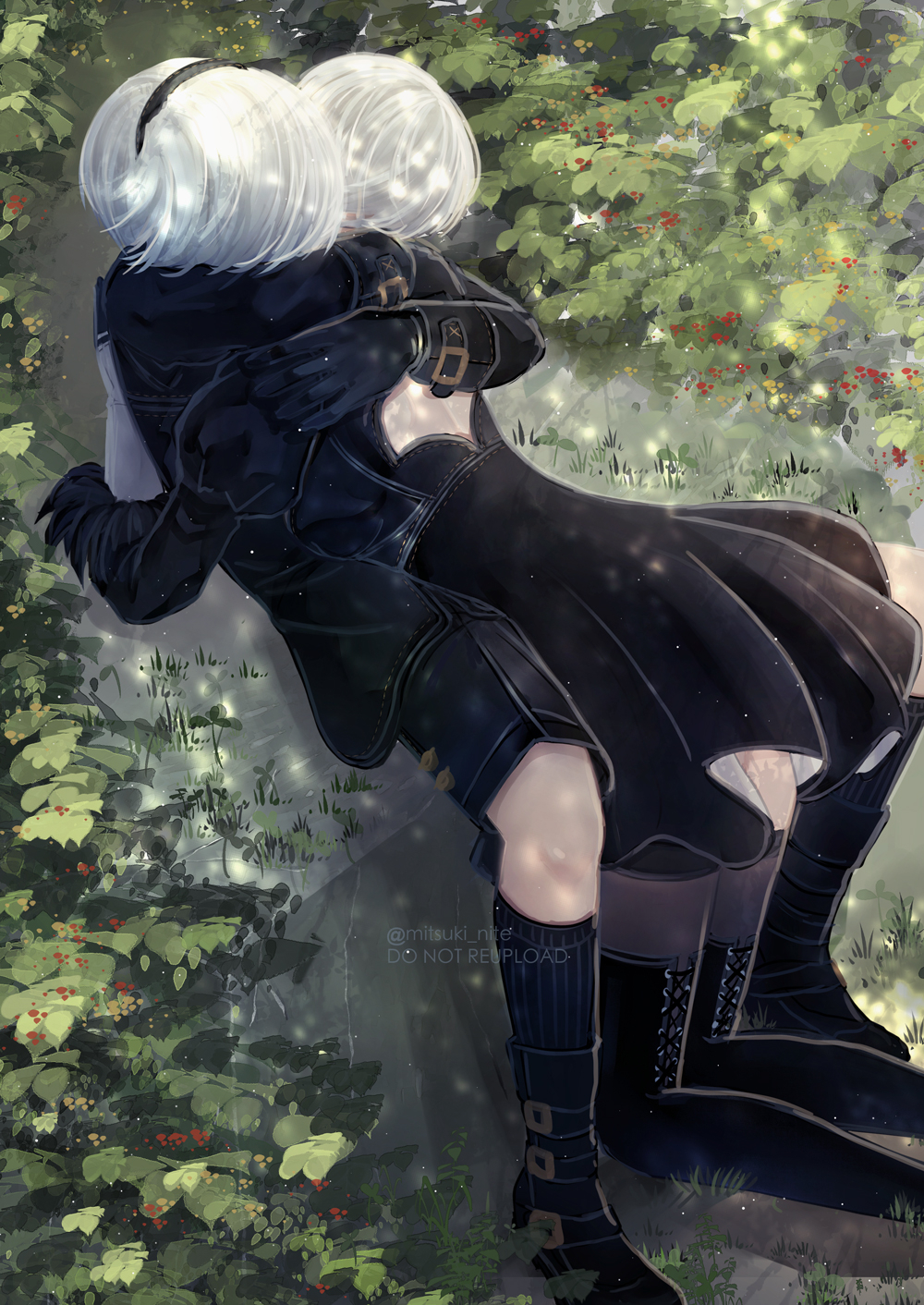1boy, 1girl, 2b_(nier:automata), 9s_(nier:automata), back_cutout, black_dress, black_footwear, black_gloves