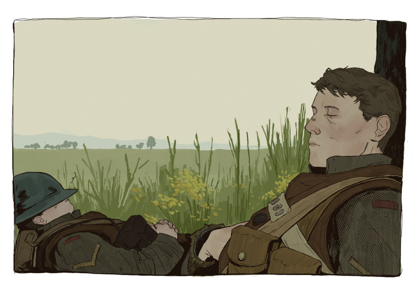 1917_(film), 2boys, border, british_army, brodie_helmet, brown_hair, combat_helmet, grass, green_jacket, helmet, highres, jacket, kamuytime, long_sleeves, military_uniform, multiple_boys, sleeping, thomas_blake, uniform, white_border, william_schofield, world_war_i