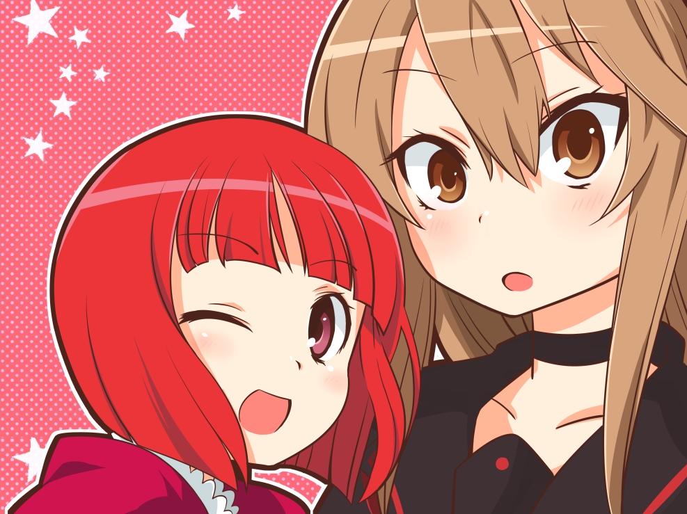 :d, :o, akai_ringo, bob_cut, brown_eyes, brown_hair, choker, long_hair, multiple_girls, ookami-san, ookami-san_to_shichinin_no_nakamatachi, ookami_ryouko, open_mouth, red_eyes, red_hair, redhead, school_uniform, serafuku, short_hair, smile, tatoon, wink