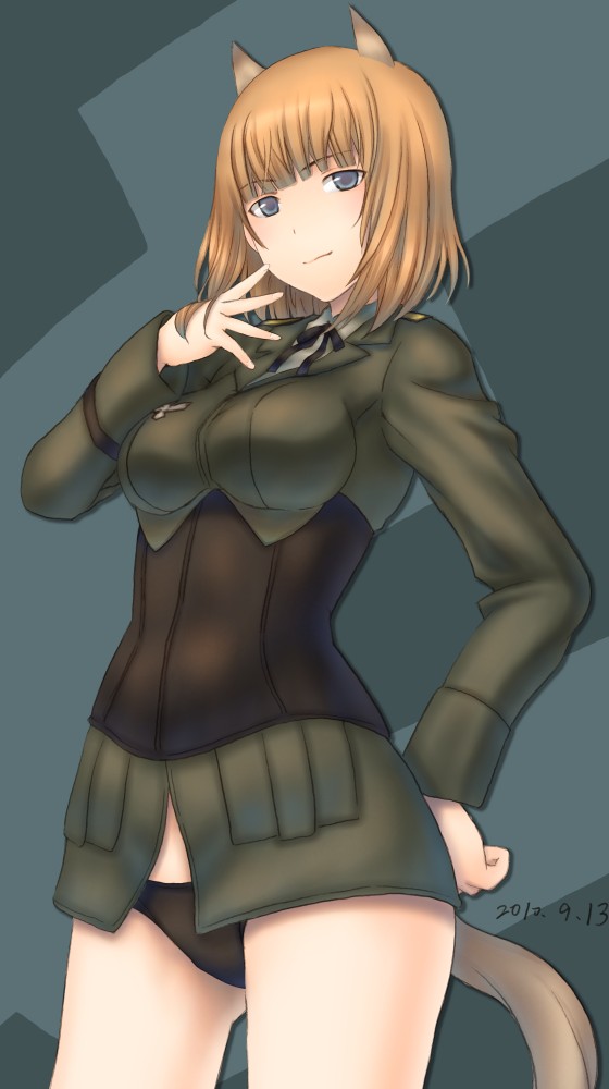 blue_eyes, gundula_rall, military, military_uniform, panties, sabamu, strike_witches, tail