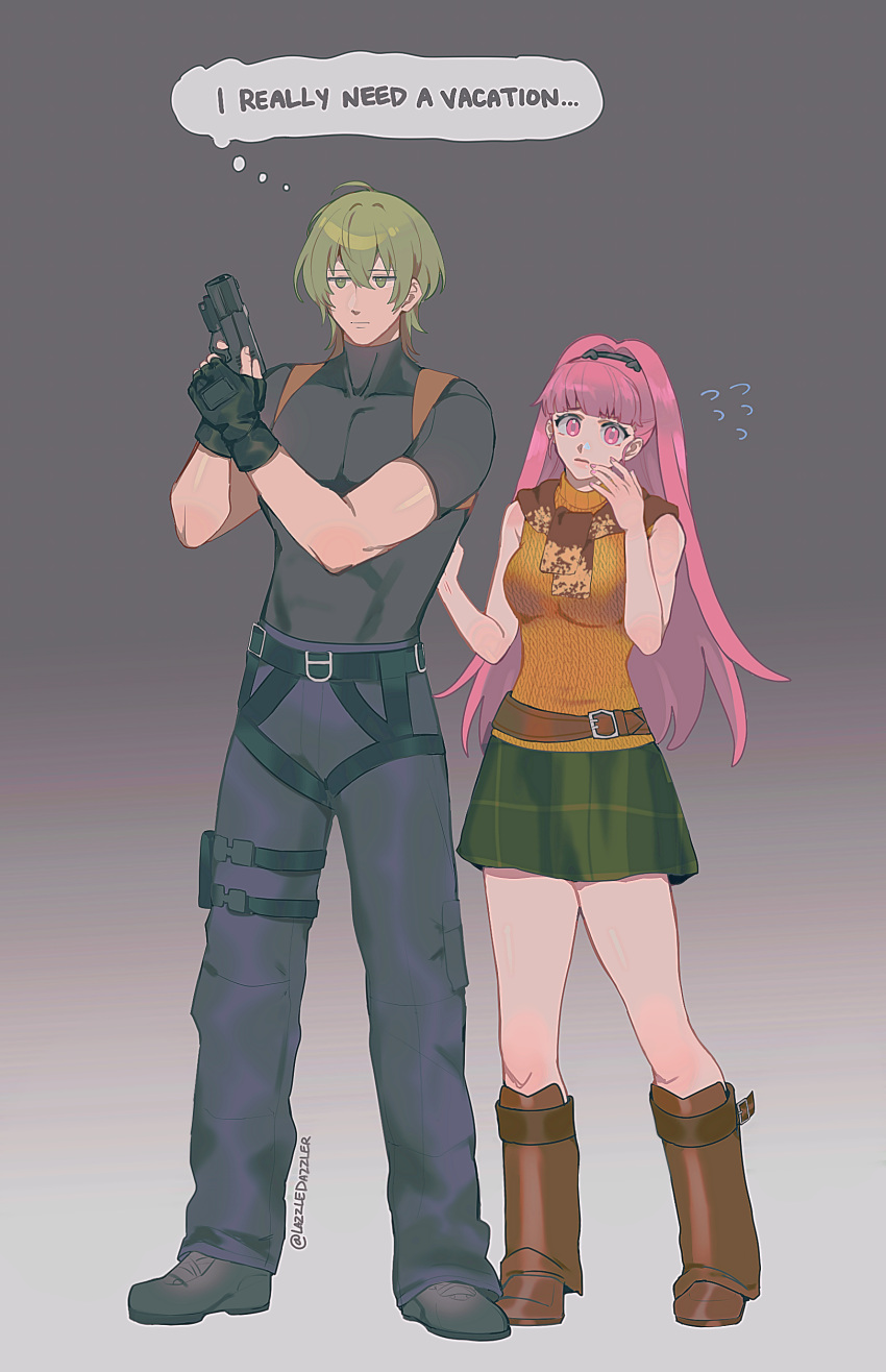 1boy, 1girl, absurdres, ahoge, alternate_costume, ashley_graham, ashley_graham_(cosplay), belt