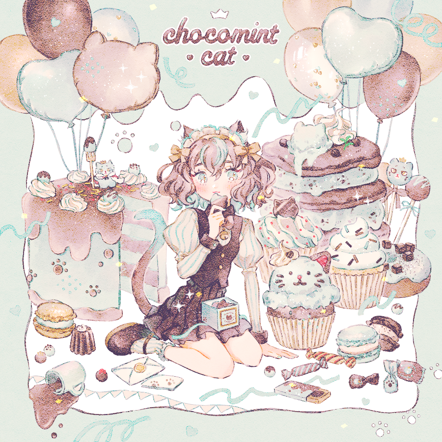 1girl, animal_ears, aqua_hair, balloon, bare_legs, black_skirt, black_vest, bow, cake, cake_pop, candy, cat_ears, cat_girl, cat_tail, chocolate, coffee_mug, colored_inner_hair, cup, envelope, food, food-themed_background, fork, green_eyes, hair_bow, heart_balloon, holding, holding_food, ice_cream, juliet_sleeves, long_sleeves, looking_at_viewer, macaron, mint_chocolate, mug, multicolored_hair, original, paw_print, pink_hair, pleated_skirt, puffy_sleeves, ryokuno_green, shirt, short_hair, sitting, skirt, solo, sparkle, spilling, striped_clothes, striped_shirt, tail, tail_raised, two-tone_hair, vest, wariza, wax_seal, whipped_cream, white_shirt, wrapped_candy, yellow_bow