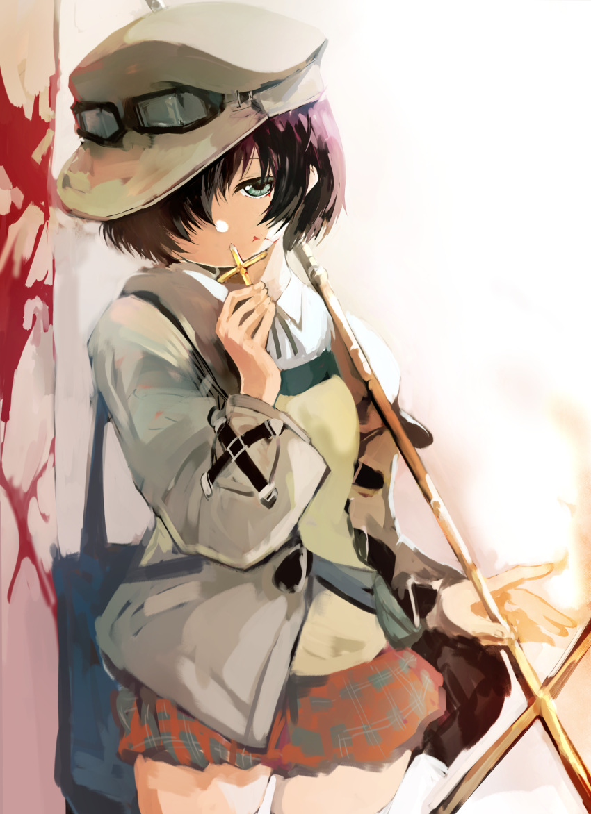 1girl, agulo, bag, blood, blood_on_face, collared_shirt, crook_mofus, cross