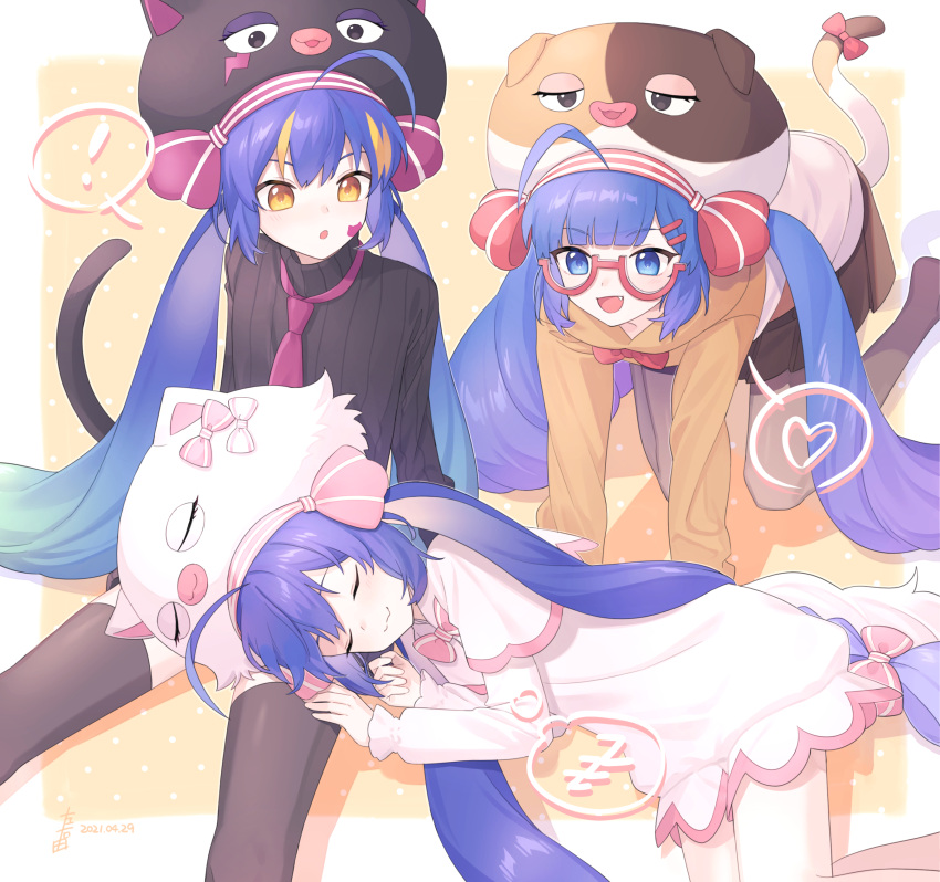 !, 3girls, absurdres, ahoge, all_fours, alternate_costume, alternate_eye_color, animal_hat