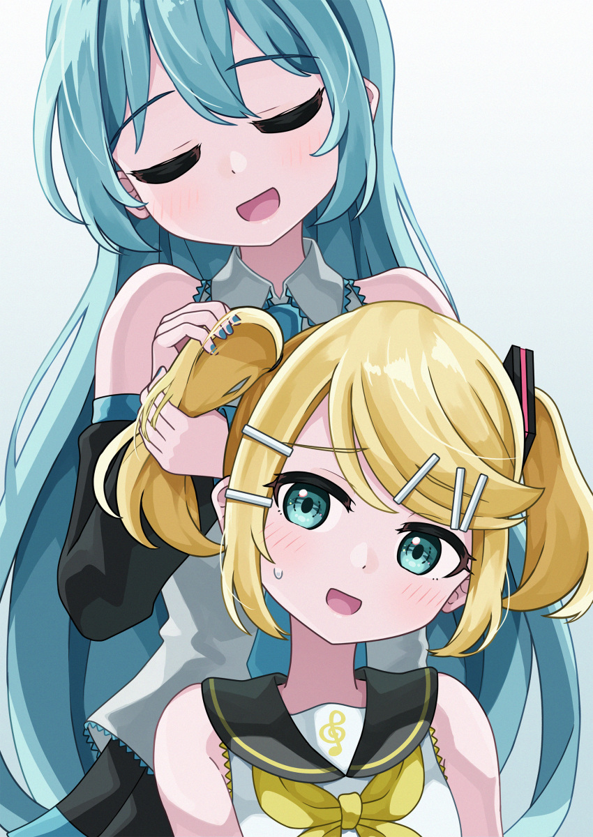2girls, absurdres, alternate_hairstyle, aqua_eyes, aqua_hair, aqua_nails, bare_shoulders, black_sailor_collar