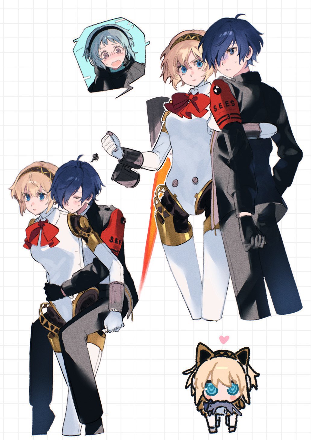 1boy, 2girls, aegis_(persona), android, animal_ears, animalization, aqua_hair, armband