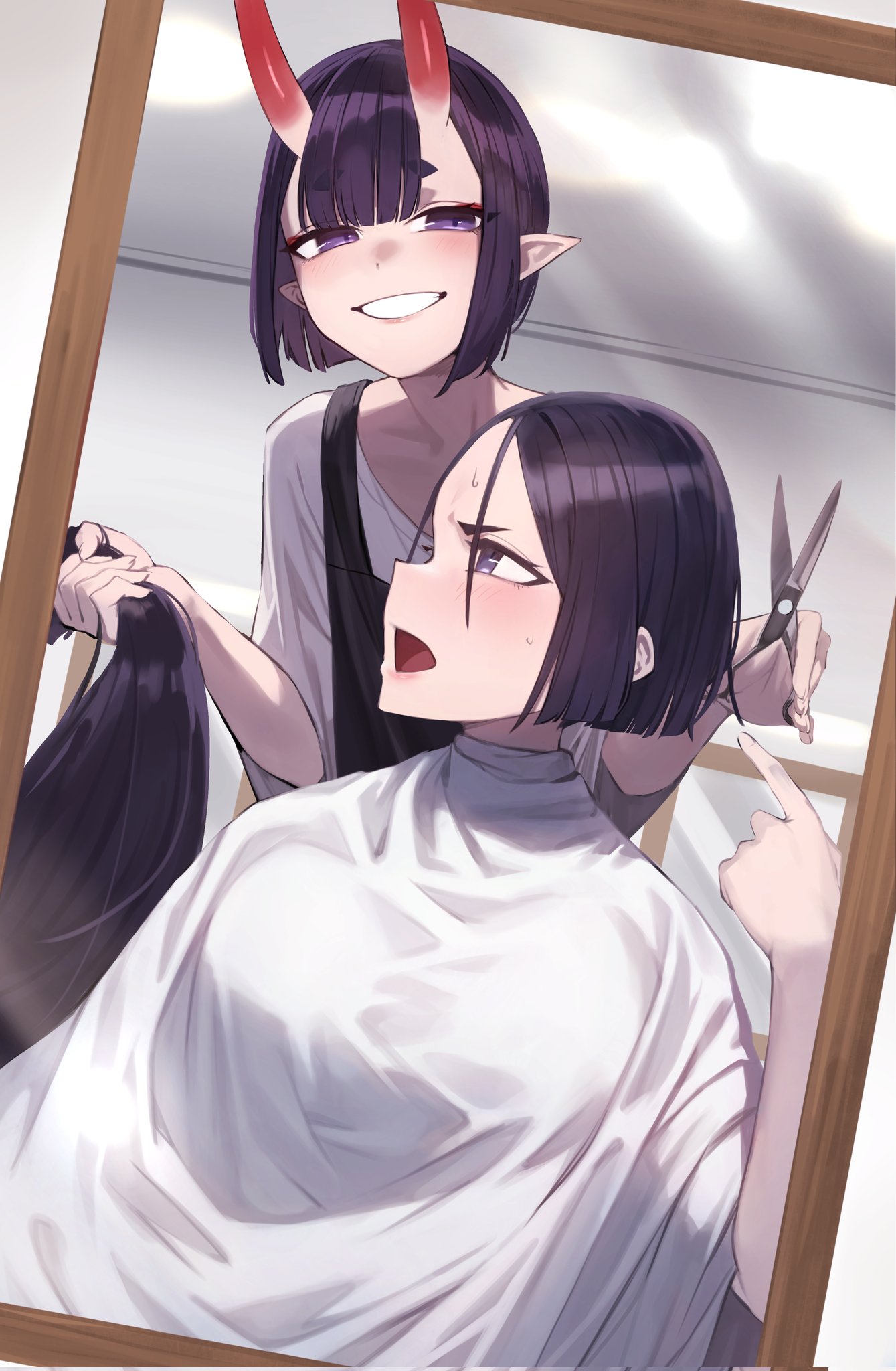 2girls, alternate_hair_length, alternate_hairstyle, angry, apron, bent_over, black_apron, blunt_bangs