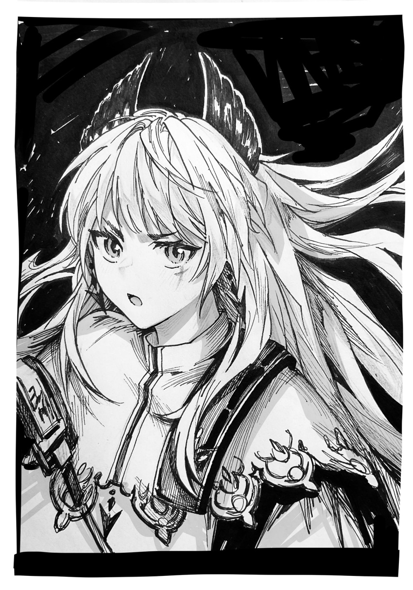 1girl, arknights, ashi_(dongshi389), capelet, greyscale, highres, irene_(arknights), long_hair