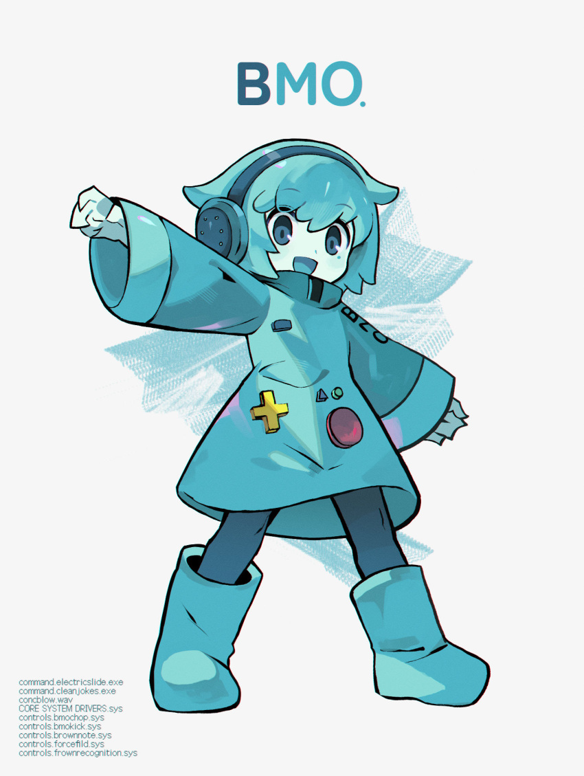 1other, :d, adventure_time, aqua_footwear, aqua_pantyhose, aqua_skirt, bmo, boots, commentary, d-pad, english_commentary, full_body, grey_eyes, headphones, highres, humanization, long_sleeves, looking_at_viewer, morizo_(morizoshop), pantyhose, short_hair, simple_background, skirt, smile, solo, white_background, wide_sleeves