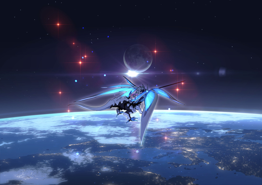 1girl, africa, benares_(honkai_impact), dragon, dragon_horns, dragon_tail, dragon_wings, earth_(planet)