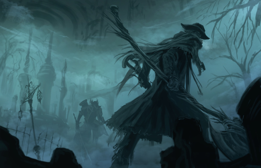 2boys, axe, bare_tree, bloodborne, blue_theme, bonnet, burial_blade, coat