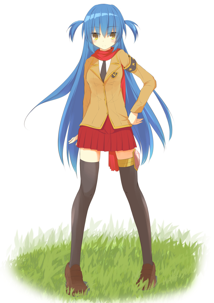 1girl, absurdres, armband, asymmetrical_legwear, black_thighhighs, blazer, blue_hair, blush