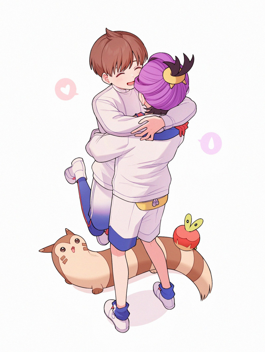 2boys, :d, applin, blue_leggings, blue_socks, brown_hair, closed_eyes, florian_(pokemon)