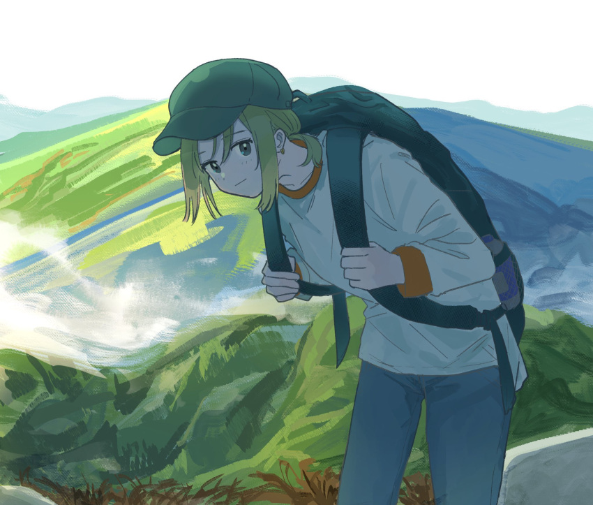 1girl, backpack, bag, black_bag, blonde_hair, clouds, cowboy_shot, green_headwear, grey_pants, hat, highres, hiking, hill, holding_strap, leaning_forward, long_sleeves, mountain, mountainous_horizon, onoyama_(machikz1), original, outdoors, pants, shirt, short_ponytail, sidelocks, sky, solo, standing, white_shirt