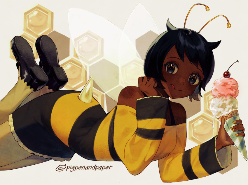 1girl, :d, antennae, arthropod_girl, artist_name, bee_girl, bee_wings, black_eyes, black_footwear, black_hair, black_tank_top, cherry, commentary, dark-skinned_female, dark_skin, food, fruit, hand_on_own_cheek, hand_on_own_face, highres, honeycomb_(pattern), honeycomb_background, ice_cream, long_shirt, looking_at_viewer, lying, mysims, numbers_(pigpenandpaper), off-shoulder_shirt, off_shoulder, pantyhose, roxie_road, shirt, short_hair, signature, smile, striped_clothes, striped_shirt, symbol-only_commentary, tail, tank_top, tongue, tongue_out, white_background