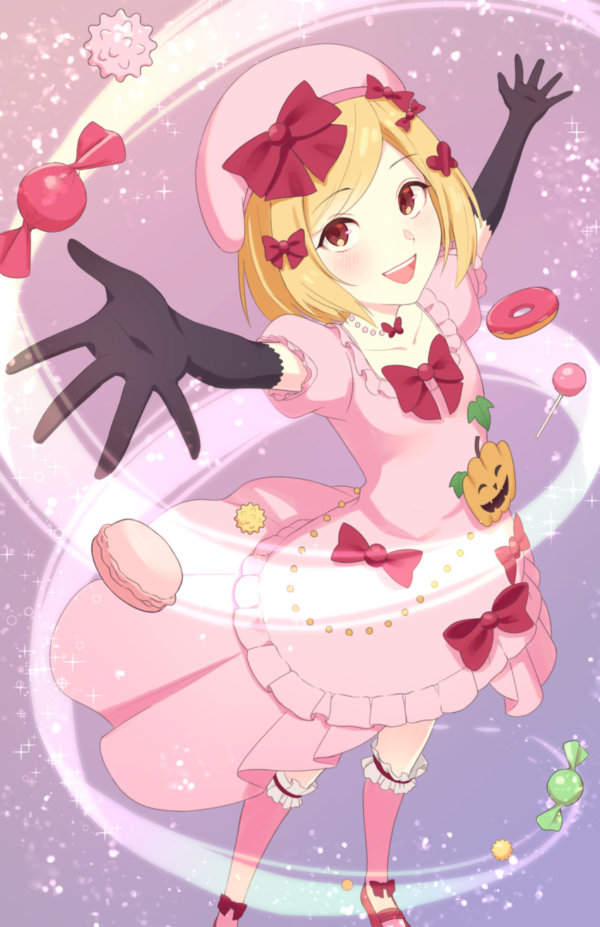 1girl, arms_up, black_gloves, blonde_hair, bow, candy, candy_wrapper, character_request, commentary_request, copyright_request, doughnut, dress, elbow_gloves, food, footwear_bow, full_body, gloves, gradient_background, hair_bow, highres, lambdadelta, lollipop, looking_at_viewer, nzmtarou, open_mouth, pink_background, pink_dress, pink_footwear, pink_headwear, pink_thighhighs, puffy_short_sleeves, puffy_sleeves, pumpkin, purple_background, red_bow, red_eyes, short_hair, short_sleeves, solo, teeth, thigh-highs, tongue, umineko_no_naku_koro_ni, upper_teeth_only, wrapped_candy