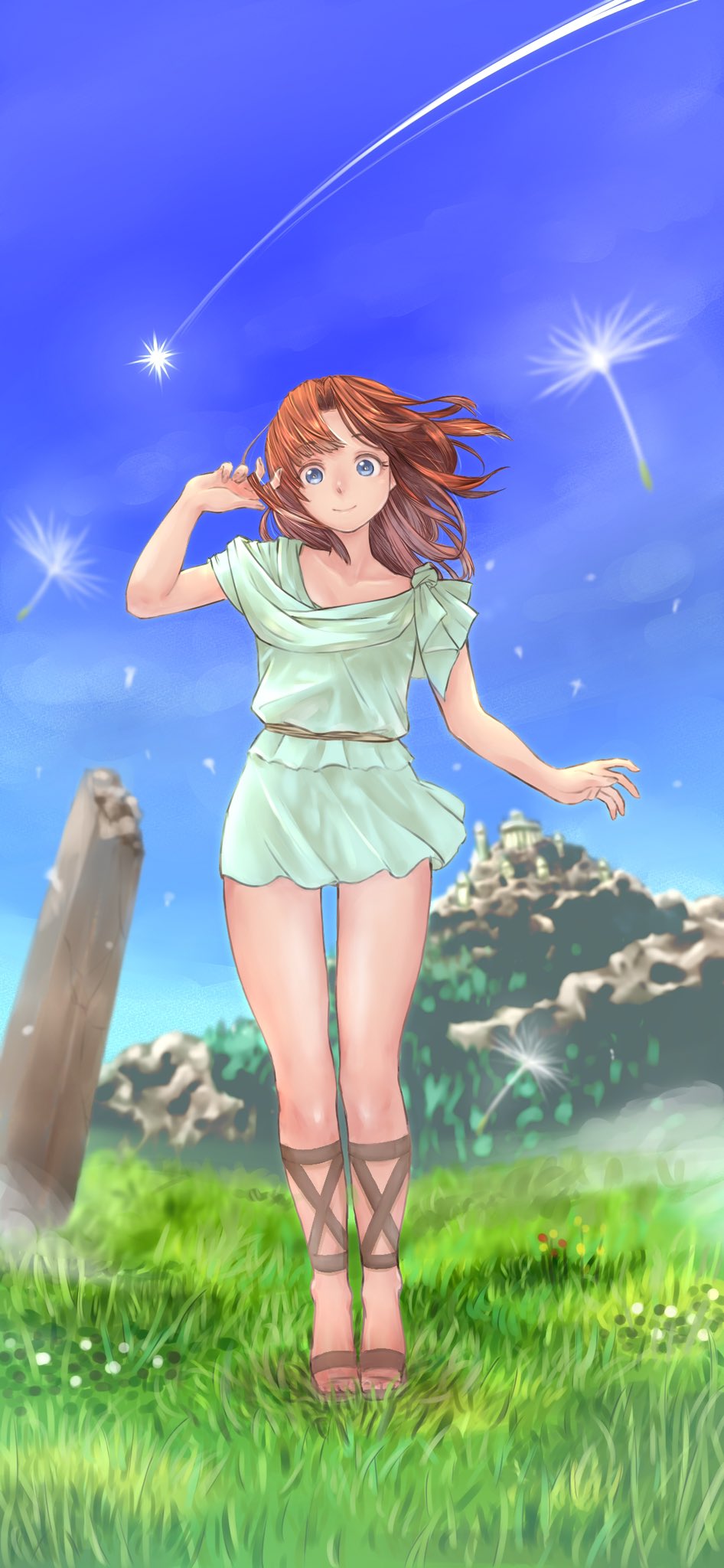 1girl, ancient_ys_vanished, aqua_dress, blue_eyes, blue_sky, blurry, blurry_background, brown_hair, closed_mouth, clouds, collarbone, commentary_request, curtained_hair, dress, highres, lilia_(ys), medium_hair, on_grass, outdoors, shooting_star, sky, smile, solo, standing, sukerock360, ys