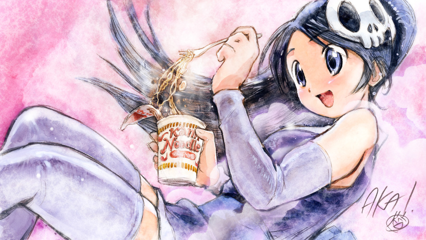 1girl, akai_takami, commentary_request, elbow_gloves, elysia_de_lute_ima, end_card, fingerless_gloves, food