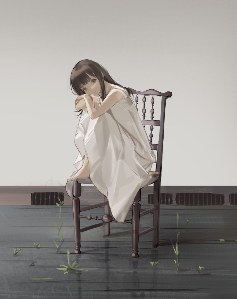 1girl, bare_arms, barefoot, blunt_bangs, brown_eyes, brown_hair, chair, dress