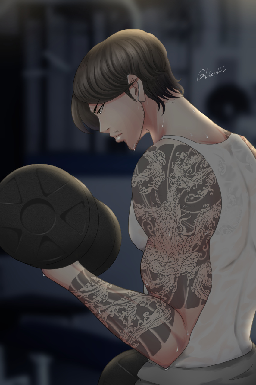 1boy, absurdres, arm_tattoo, artist_name, black_eyes, black_hair, blurry, blurry_background