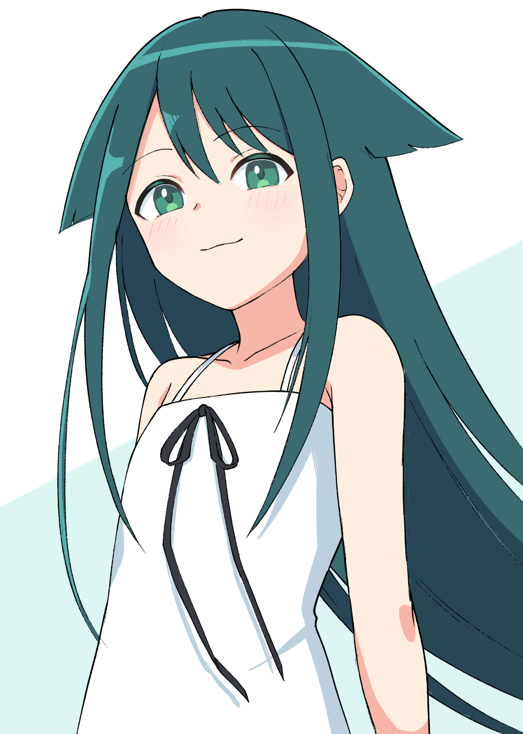 1girl, bare_shoulders, black_ribbon, closed_mouth, commentary_request, dress, dress_ribbon, green_background