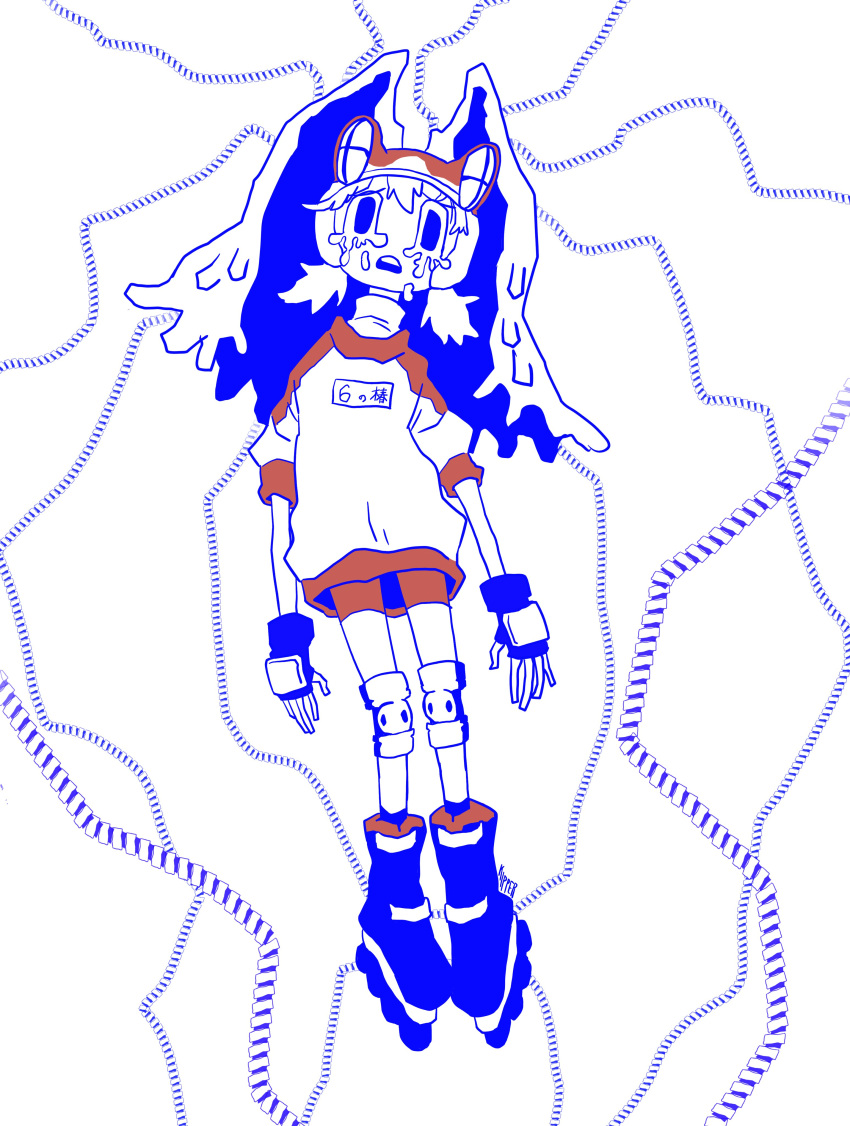 1girl, absurdres, alien_nine, arms_at_sides, borg_(alien_nine), commentary_request, crying, crying_with_eyes_open, fingerless_gloves, frog_hat, frown, full_body, furrowed_brow, gloves, gym_shirt, gym_shorts, helmet, highres, inline_skates, kipper_goodbreakfast, knee_pads, limited_palette, looking_at_viewer, low_twintails, ootani_yuri, open_mouth, pigeon-toed, red_headwear, red_shorts, roller_skates, shirt, short_twintails, shorts, simple_background, skates, solo, tears, turtleneck, twintails, white_background, winged_helmet