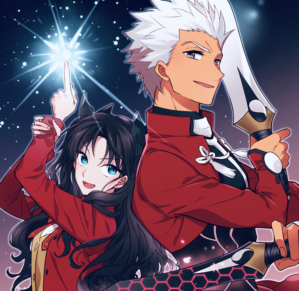 1boy, 1girl, archer_(fate), back-to-back, black_bow, black_hair, black_skirt, blue_eyes, bow, bow_(weapon), bowtie, caladbolg_(fate), coat, commentary_request, cropped_jacket, fate/stay_night, fate_(series), gradient_background, grey_eyes, hair_bow, highres, holding, holding_bow_(weapon), holding_weapon, jacket, long_hair, looking_at_viewer, oekaki-daisuki-dessu, open_mouth, profile, ran_(ran_0605), red_bow, red_jacket, skirt, smile, spiky_hair, sword, tohsaka_rin, upper_body, weapon, white_hair