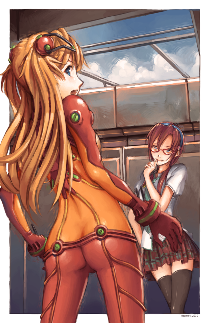 ass, black_legwear, black_thighhighs, blue_eyes, brown_hair, butt_crack, cloud, doomfest