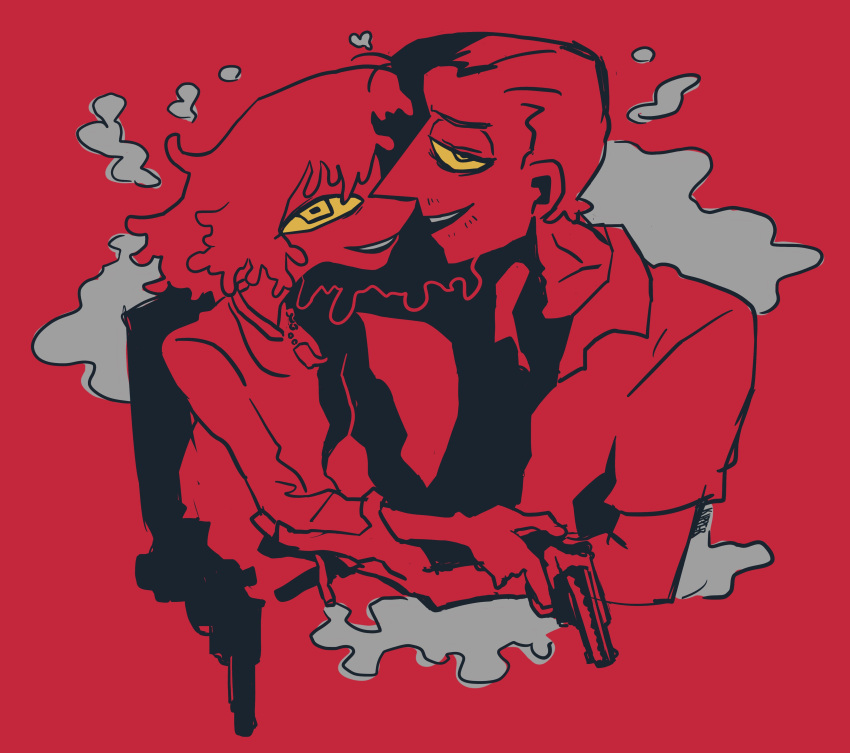 1boy, 1girl, absurdres, arm_around_shoulder, bags_under_eyes, beard_stubble, between_fingers, cigarette