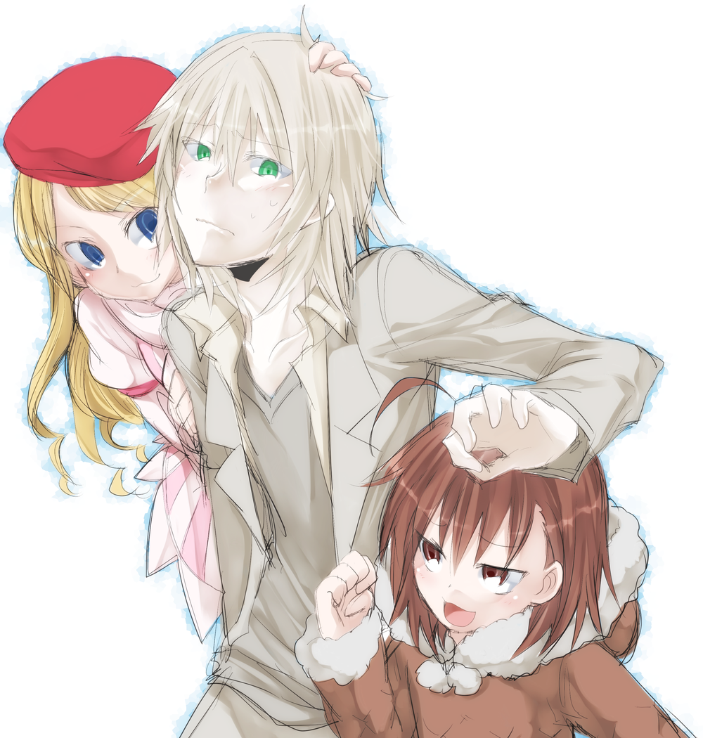 1boy, 2girls, :3, age_difference, ahoge, beetle_05_(toaru), beret, blonde_hair