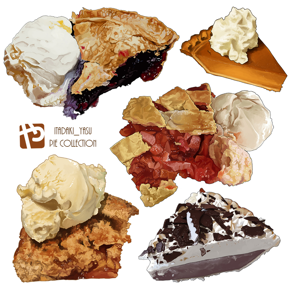 artist_name, cherry_pie, chocolate, dessert, english_commentary, food, food_focus, ice_cream, no_humans, original, pie, pumpkin_pie, simple_background, studiolg, twitter_username, whipped_cream, white_background