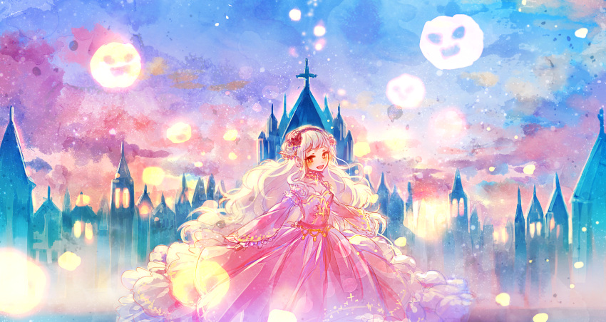1girl, :d, castle, clouds, cross, dress, flower, frills