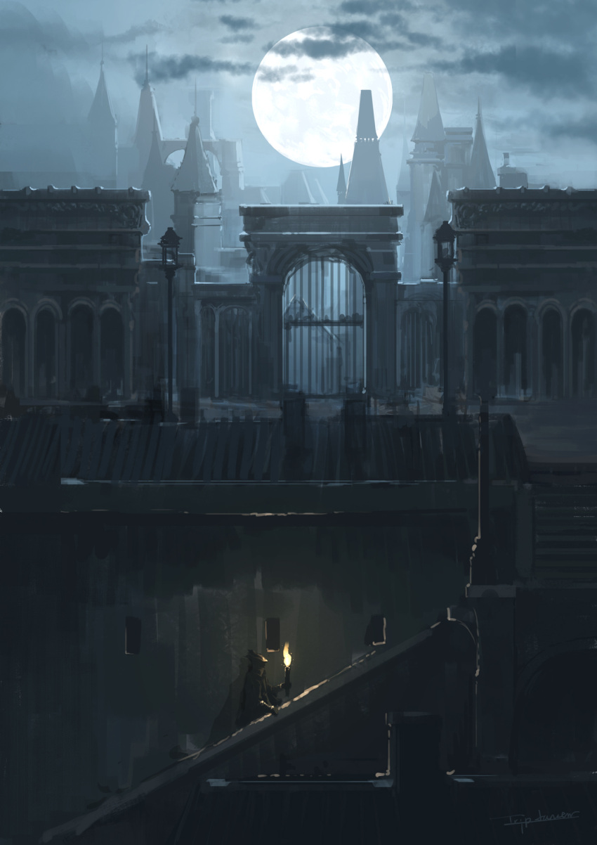 1other, ambiguous_gender, arch, artist_name, bloodborne, building, clouds, commentary