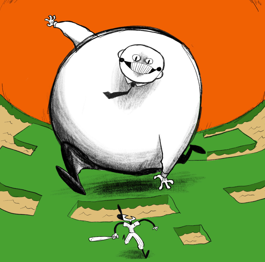 2boys, absurdres, bald, baseball_bat, baseball_cap, baseball_uniform, chasing, collared_shirt