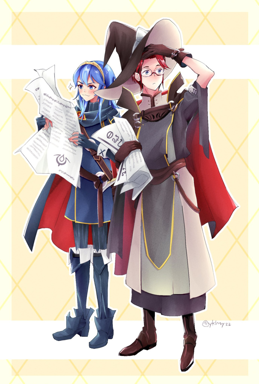 1boy, 1girl, blue_eyes, boots, fire_emblem, fire_emblem_awakening, full_body, glasses, grey_eyes, hat, highres, laurent_(fire_emblem), lucina_(fire_emblem), redhead, standing, witch_hat, ykhay22
