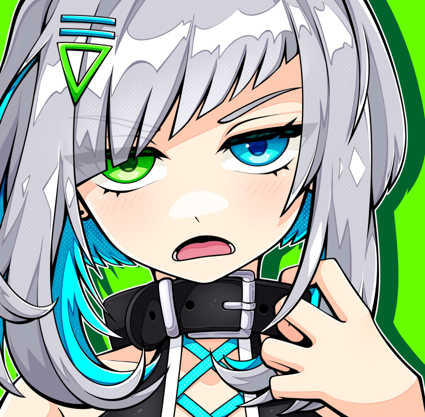 1boy, adjusting_choker, androgynous, bare_shoulders, belt_choker, black_shirt, blue_eyes, blue_hair, close-up, collarbone, cross-laced_clothes, cross-laced_top, earrings, frown, green_background, green_eyes, hair_ornament, hairclip, halftone, hand_up, heterochromia, highres, jewelry, jitome, looking_at_viewer, male_focus, multicolored_hair, open_mouth, outline, shadow, shirt, short_hair, sidelocks, simple_background, sleeveless, sleeveless_shirt, slys_(jesterdysphoria), solo, two-tone_hair, utatane_piko, vocaloid, white_hair, white_outline