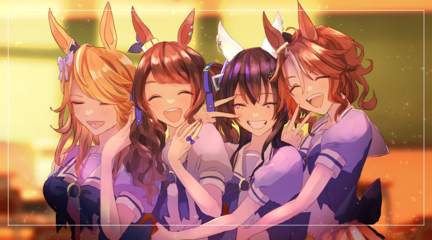 4girls, animal_ears, blurry, blurry_background, bow, bowtie, breasts, brown_hair, closed_eyes, daitaku_helios_(umamusume), ear_covers, ear_ornament, facing_viewer, gold_city_(umamusume), grin, hand_in_own_hair, hand_up, highres, horse_ears, hug, indoors, jewelry, jupo_(nnmn_7737), long_hair, mejiro_palmer_(umamusume), multicolored_hair, multiple_girls, open_mouth, ponytail, purple_shirt, ring, sailor_collar, school_uniform, shirt, short_hair, short_sleeves, skirt, small_breasts, smile, sticker_on_face, streaked_hair, tosen_jordan_(umamusume), tracen_school_uniform, twintails, umamusume, upper_body, v, v_over_eye