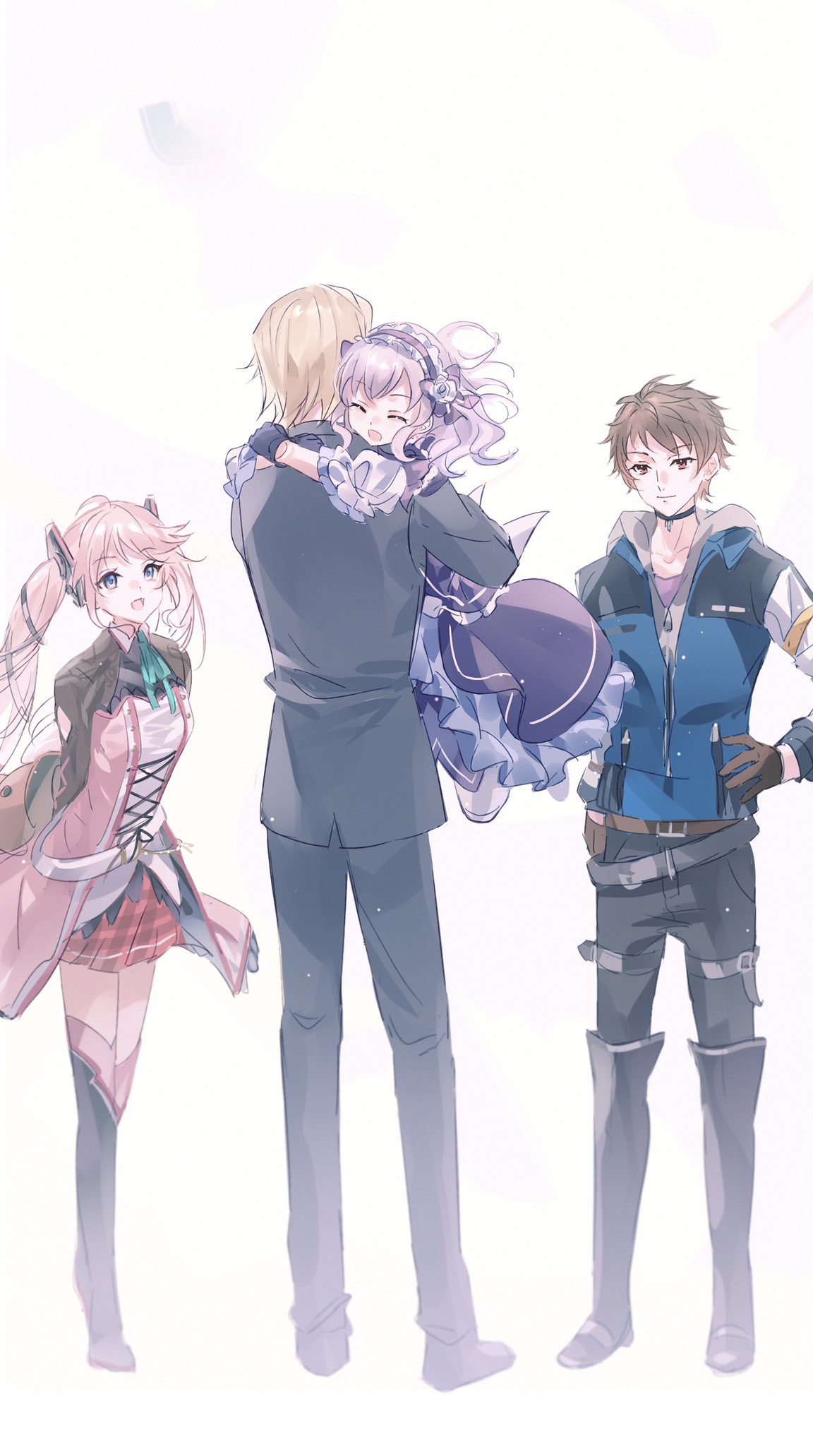 2boys, 2girls, :d, ^_^, belt, black_choker, black_footwear, black_pants