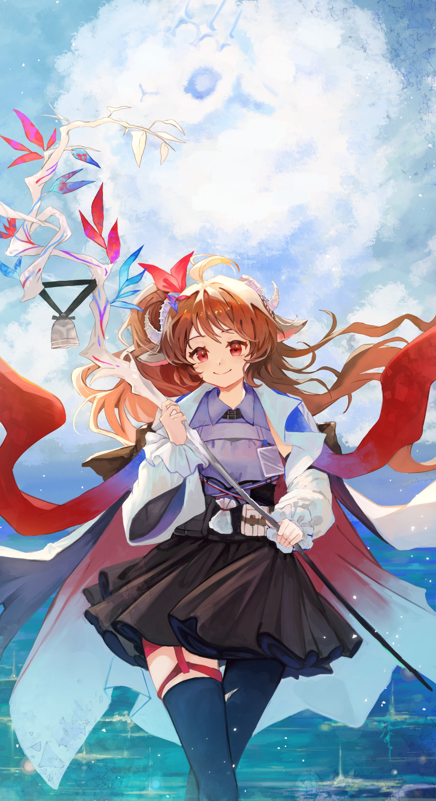 1girl, absurdres, animal_ears, arknights, bell, black_skirt, black_thighhighs, blue_sky