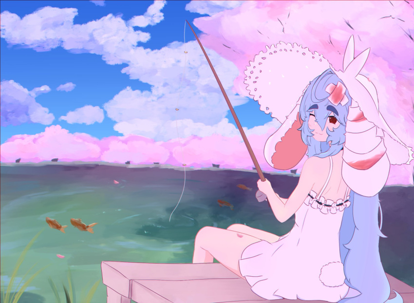 1girl, ;3, @_@, ahoge, animal_ears, bare_legs, blue_hair, clouds, cloudy_sky, dress, fish, fishing, hair_between_eyes, hat, highres, indie_virtual_youtuber, light_blue_hair, long_hair, looking_back, lop_rabbit_ears, noiriririri, one_eye_closed, para_(vtuber), para_(vtuber)_(1st_costume), pier, rabbit_ears, rabbit_tail, sidelocks, sitting, sky, spaghetti_strap, sun_hat, sundress, tail, thick_eyebrows, very_long_hair, virtual_youtuber, white_dress, white_headwear