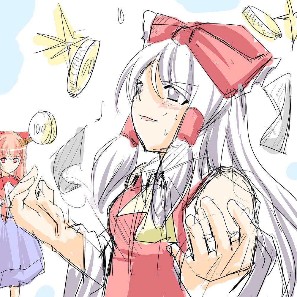coin, hakurei_reimu, ibuki_suika, long_hair, mark, parody, promotions, sketch