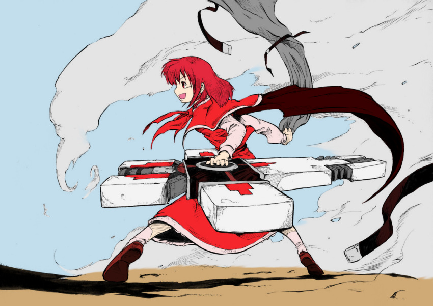 bow, cape, color, cross, gun, nicholas_d_wolfwood, okazaki_yumemi, open_mouth