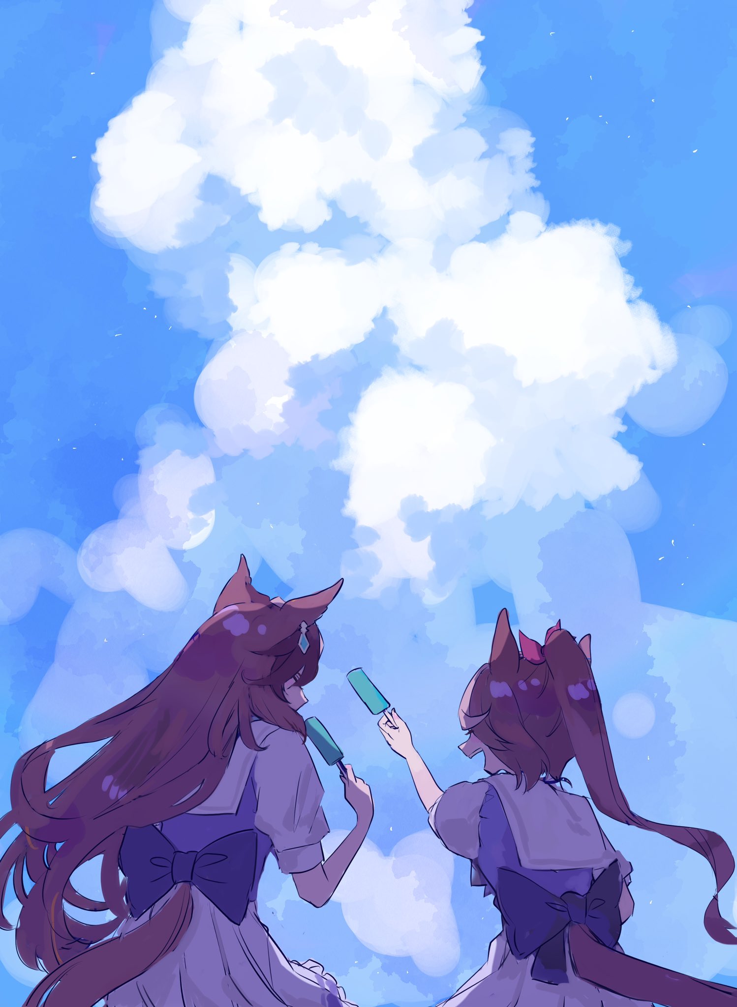 2girls, animal_ears, brown_hair, clouds, day, food, from_behind, highres