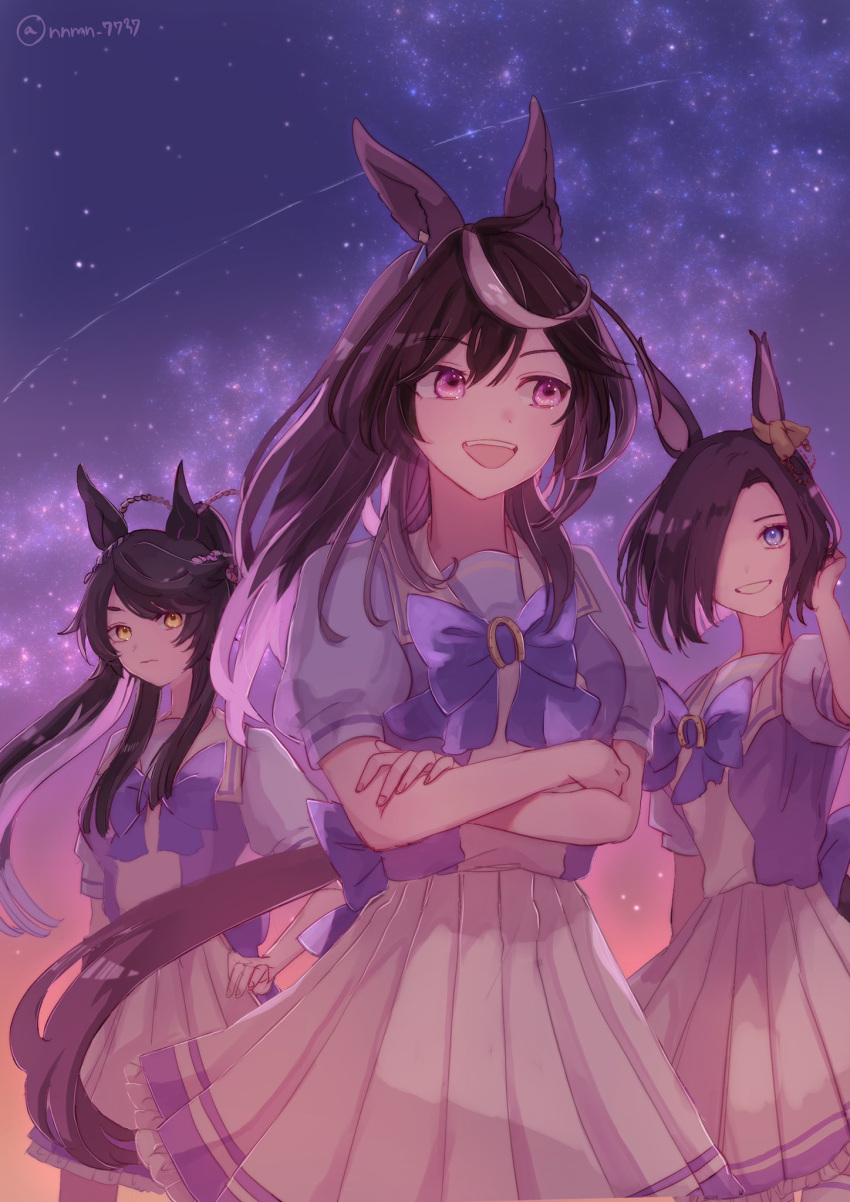 3girls, air_groove_(umamusume), animal_ears, black_hair, blue_eyes, bow, bowtie, brown_hair