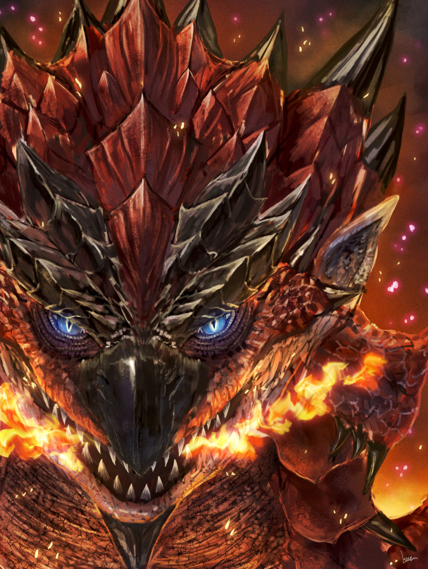 bearluxe, blue_eyes, breath_weapon, breathing_fire, chin_spike, close-up, dragon, embers, fire, highres, horns, looking_at_viewer, monster, monster_focus, monster_hunter_(series), open_mouth, pointy_ears, rathalos, red_scales, scales, sharp_teeth, signature, slit_pupils, solo, spikes, teeth, wyvern