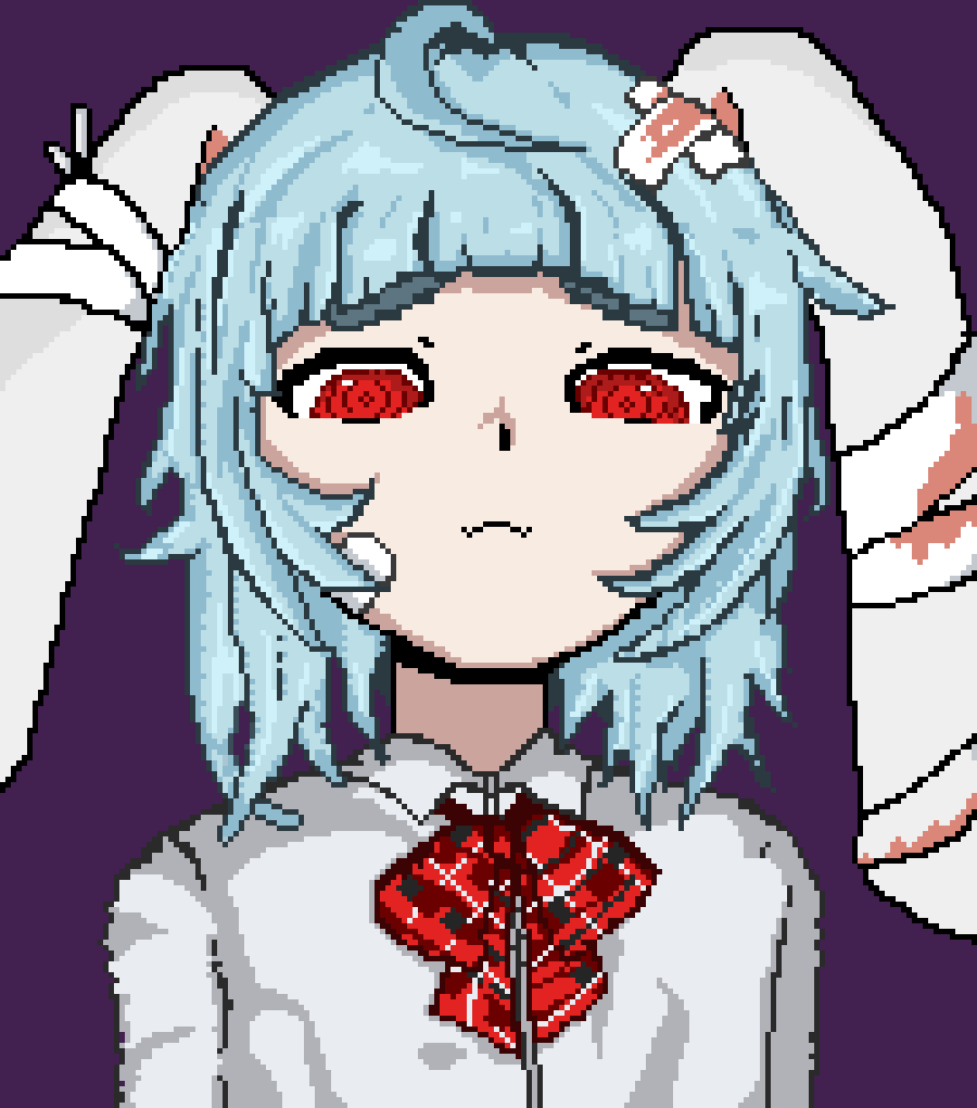 1girl, @_@, ahoge, animal_ears, blue_hair, blunt_bangs, bow, bowtie