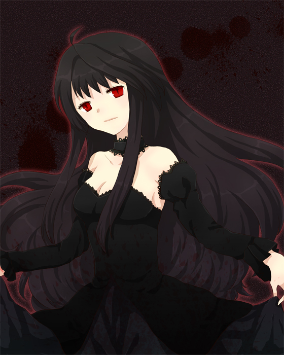 altrouge_brunestud, bare_shoulders, black_dress, black_hair, curtsey, dress, long_hair, pixiv