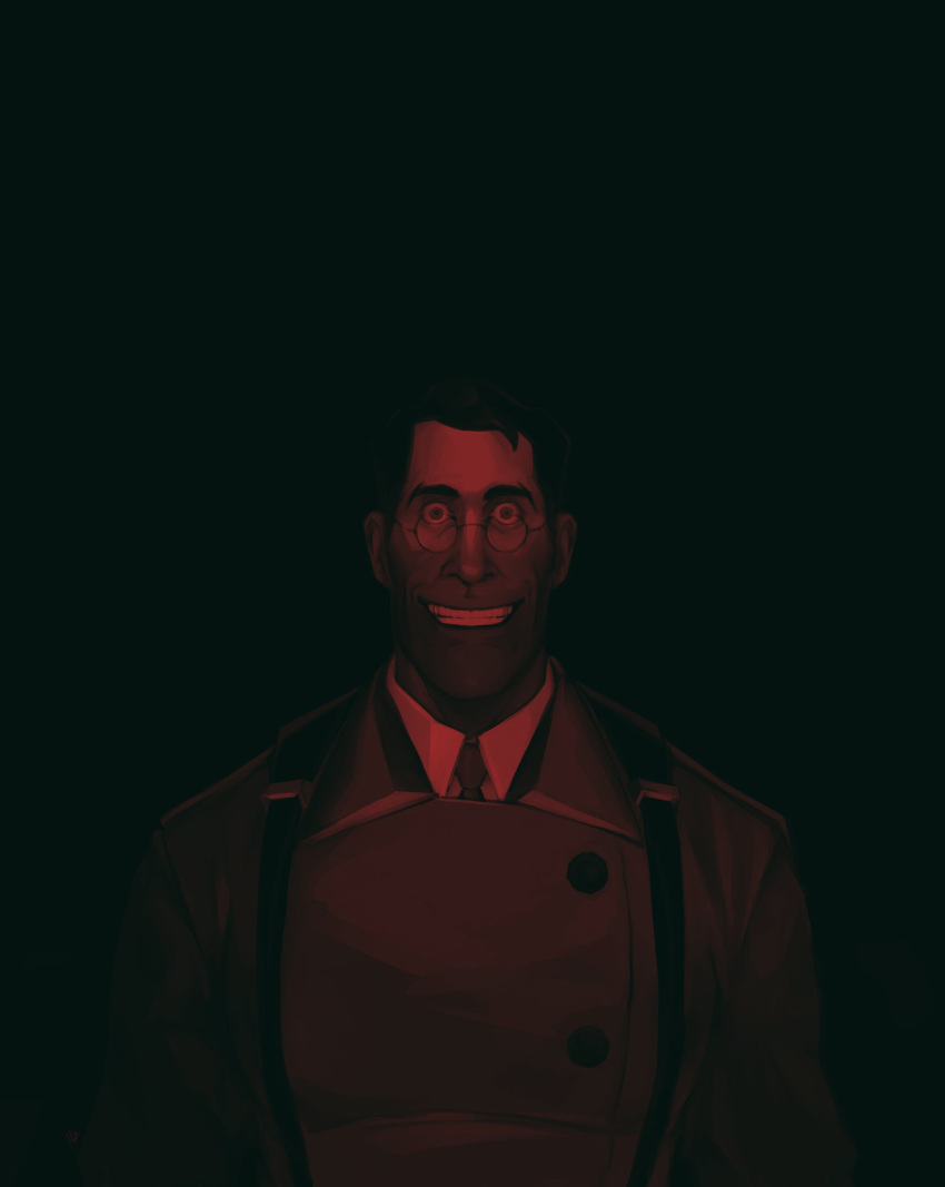 absurdres, black_hair, coat, collared_shirt, crazy, crazy_eyes, crazy_smile, dark, glasses, highres, horror_(theme), male_focus, medic_(tf2), necktie, red_necktie, round_eyewear, shirt, short_hair, smile, solo, source_filmmaker_(medium), suspenders, team_fortress_2, virtuellesterne, white_coat, white_shirt